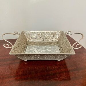 Vintage Metal‎ Mirrored Square Vanity Tray Display w/Handles Footed Elegant